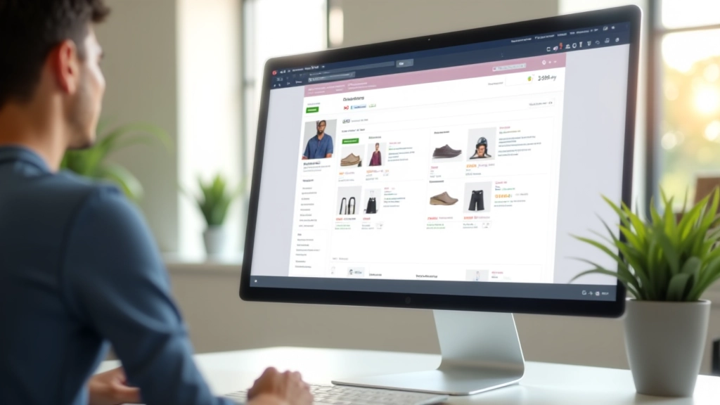 Schermo del computer mostra un catalogo prodotti ben organizzato con foto professionali di articoli e filtri di ricerca