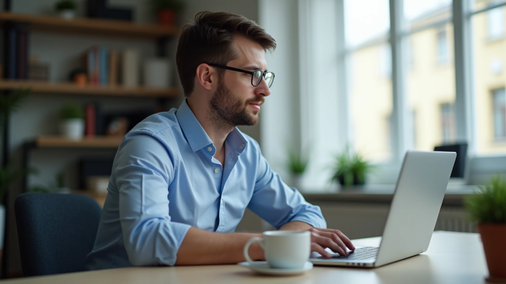 Marco Benedetti al lavoro presso uno studio moderno con monitor e documenti di e-commerce, ambiente professionale e luminoso