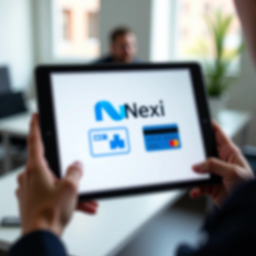 Logo di Nexi con icone di carte di credito e una mano che effettua un pagamento