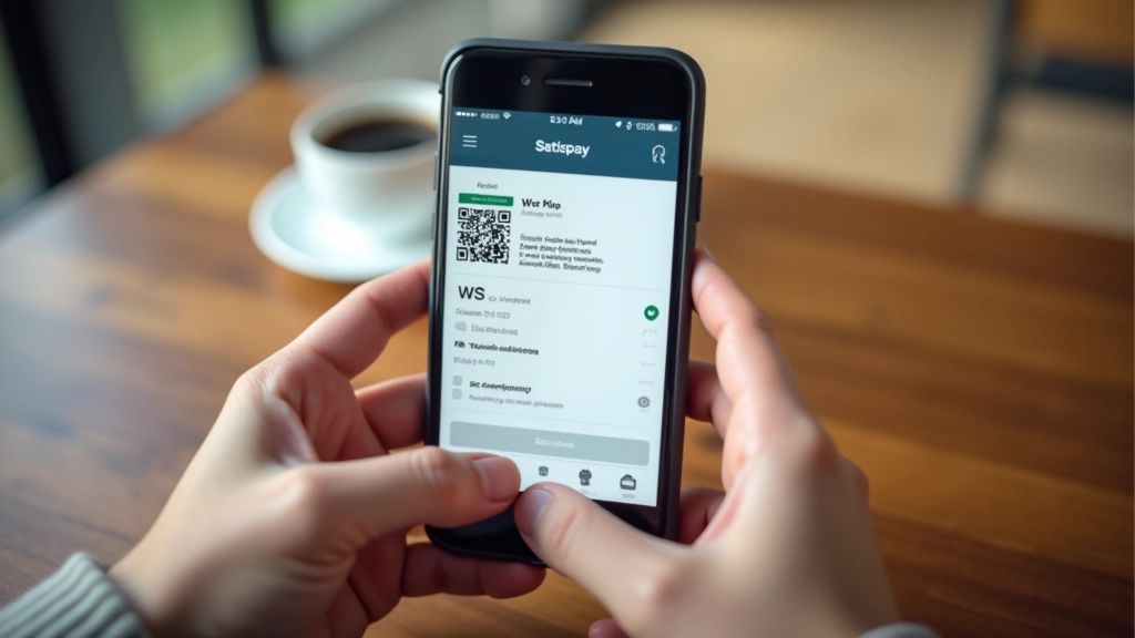 Smartphone che mostra l'app di Satispay con schermata di pagamento e QR code