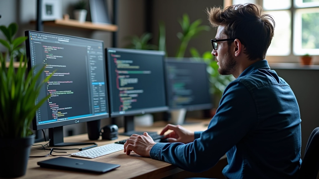 Ambiente di lavoro di sviluppo web con codice e mockup di design su schermi multipli